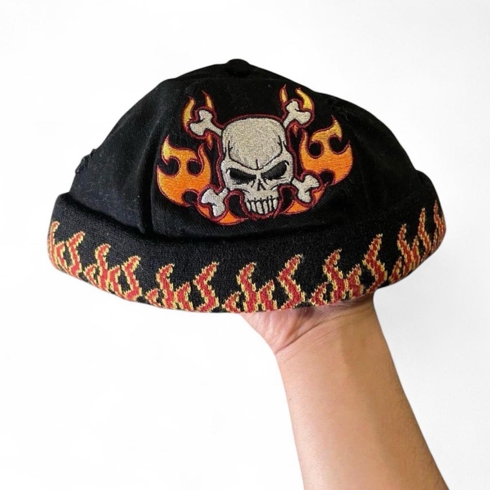 Vintage Skull and Flames Brimless Sailor Cap - Salesman Sample Streetwear Hat